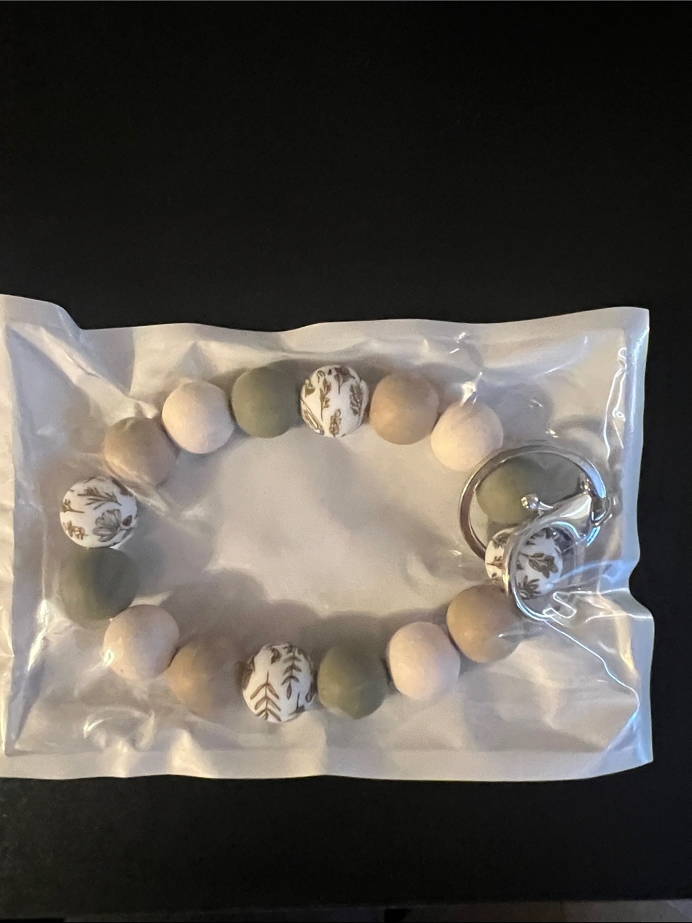 Beaded Keychain Wristlet in Sage, Cream & Tan